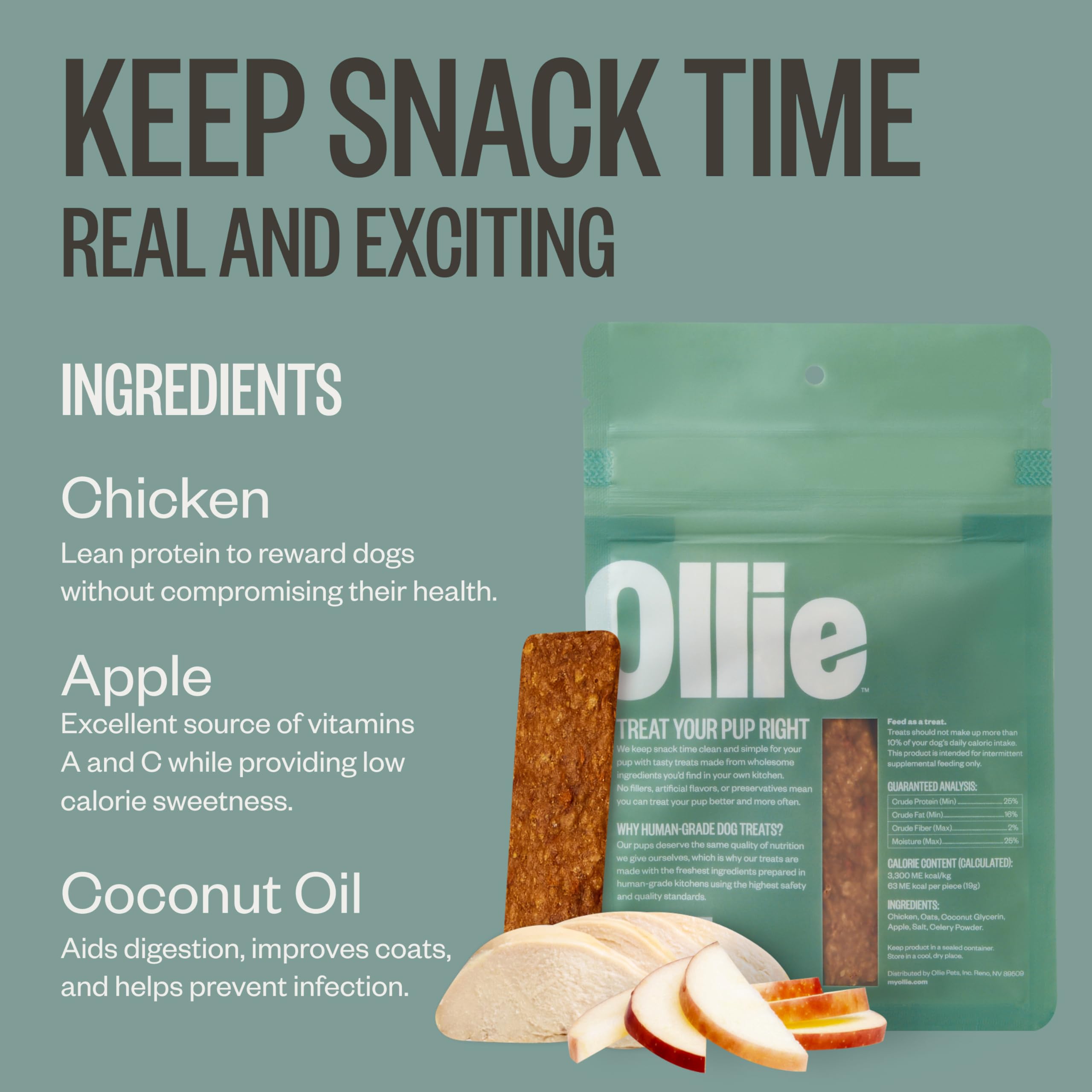 Ollie Chicken and Apple Jerky Dog Treats, 5 oz Pack of 1, All Natural, Healthy Snacks, Made with Real Meat, Human Grade, for Dog
